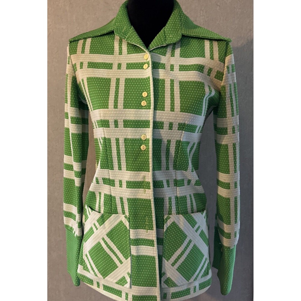 Vintage 70s Jantzen Plaid Safari Jacket Green & White Dagger Collar Mod Size 10